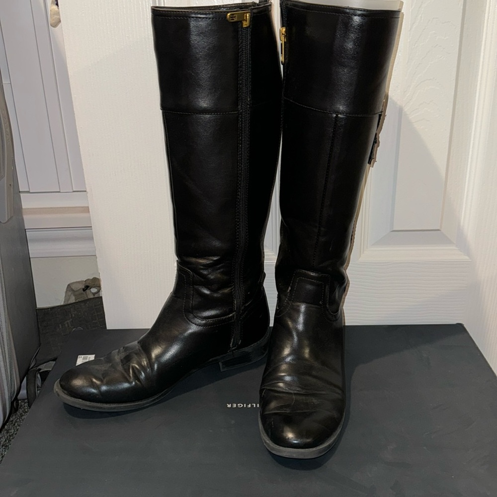 Tommy Hilfiger black leather riding boots.